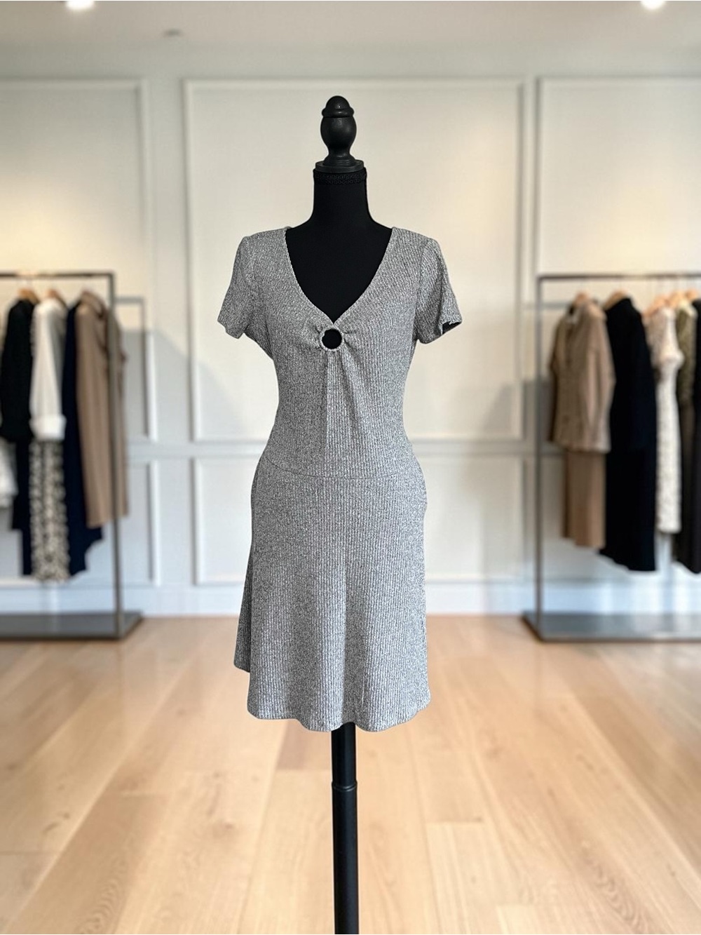 Hollister Gray Ribbed V-Neck Mini Dress with Ring Detail